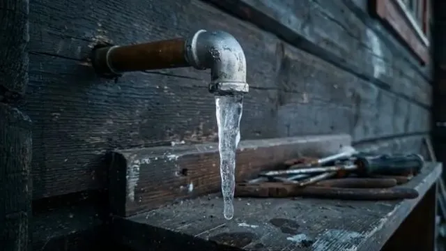 Outdoor faucet covered by a long icicle