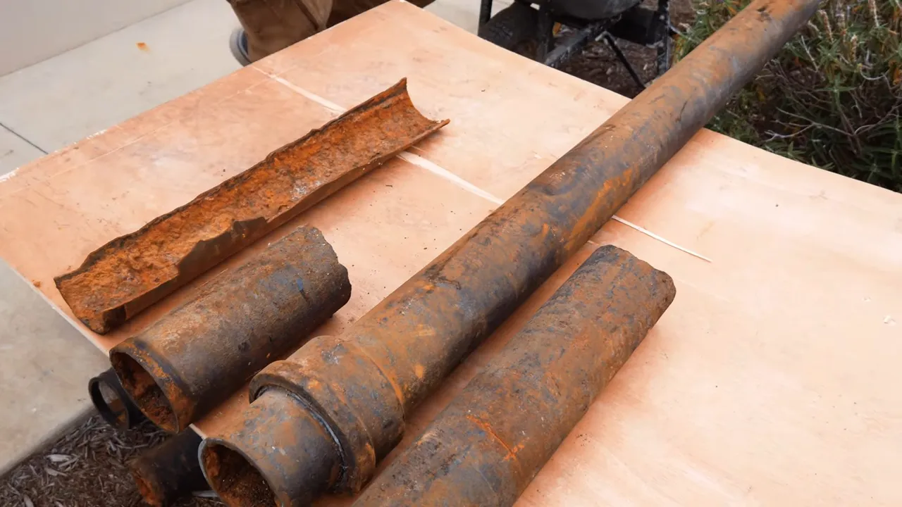Rusted cast-iron pipe sections after removal