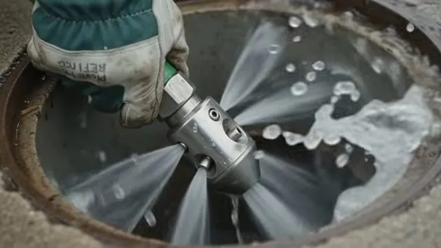 Technician feeding a green hydro jet hose into a drain